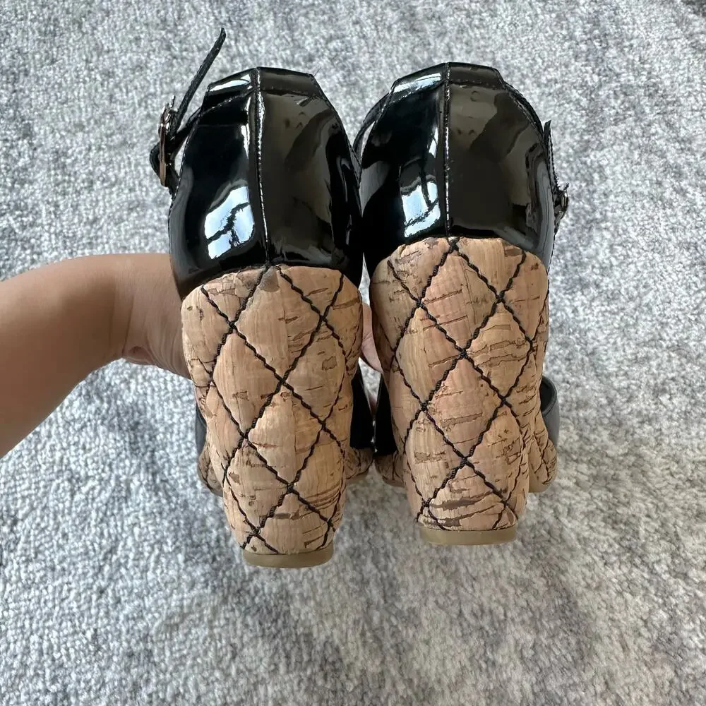 CHANEL Patent Leather T-Strap Quilted Cork Platform Block Heel Sandal Size US 6